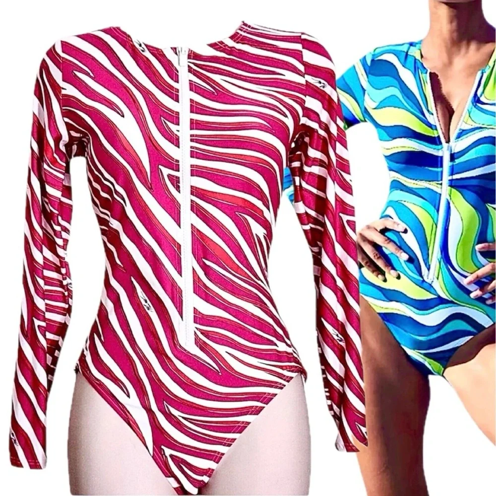 - Michael Kors Sz 8 Electric Pink Zebra Long Sleeve Surf Swimsuit! NEW!